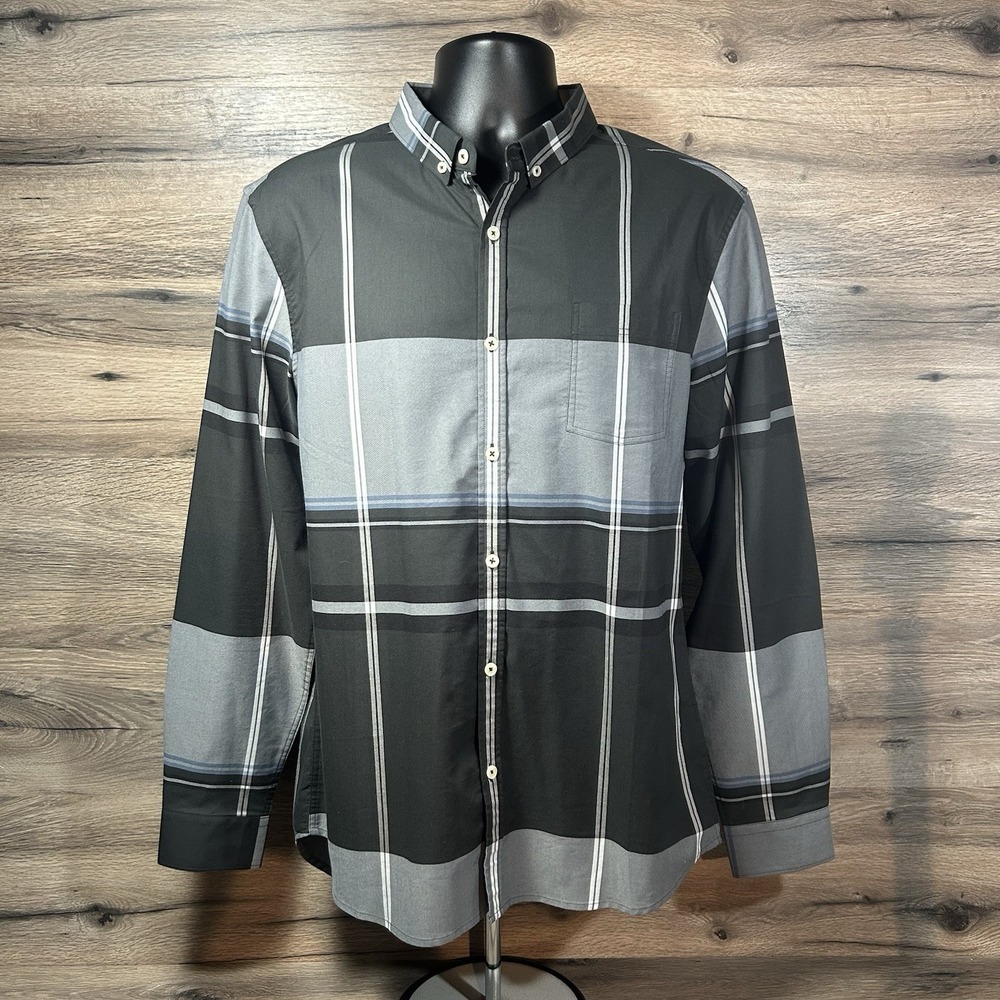 7 Diamonds Plaid Button Down Shirt Black Gray Mens Size Large Long Sleeve NWT